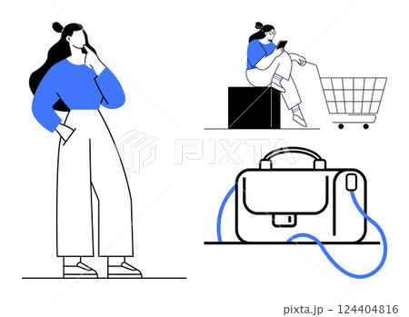 Woman thinking with hand on chin, person using smartphone near shopping cart, and briefcase. Ideal for lifestyle, shopping, business, productivity, technology, decision making, daily activities. Line 124404816