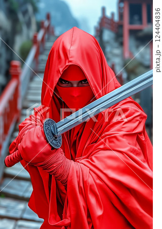 A woman in a red ninja costume holding a sword 124404836
