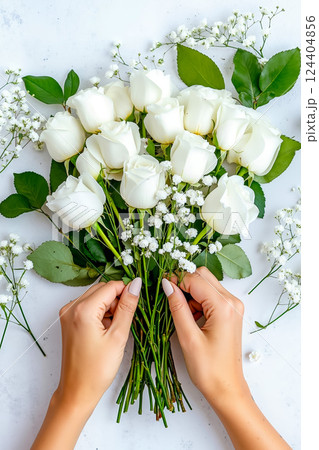 A person holding a bunch of white roses in their hands 124404856