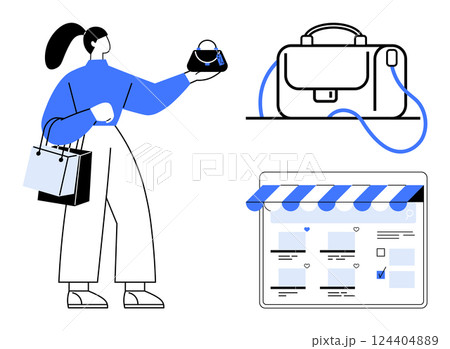 Woman holding a purse, shopping bags in hand, examining a handbag, online store UI. Ideal for e-commerce, online shopping, digital marketing, retail business, customer experience, fashion commerce 124404889