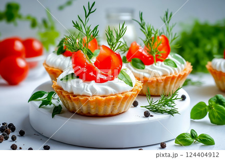A white plate topped with mini tarts filled with whipped cream and tomatoes 124404912
