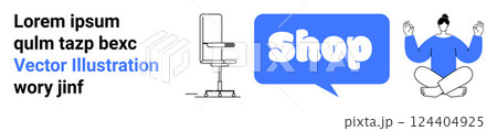 Text block with placeholder text, a simple chair, a blue shop button, and a man in meditation pose. Ideal for e-commerce, relaxation, lifestyle, business, and tech. Banner for landing page 124404925
