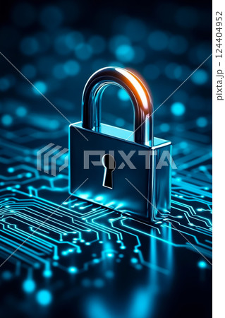 A padlock on a circuit board with a blue background 124404952
