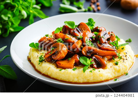A white plate topped with polenta covered in mushrooms and sauce 124404981