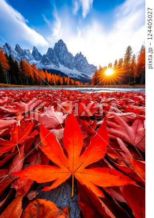 A field of red leaves with a mountain in the background 124405027