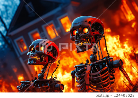 A couple of robots standing next to each other in front of a house 124405028