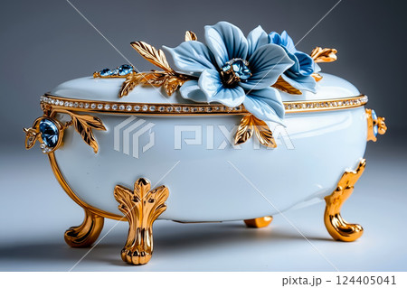 A white and blue flower covered dish with gold accents A white and blue flower covered dish with gold accents 124405041