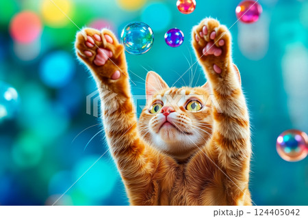 A cat playing with bubbles in the air A cat playing with bubbles in the air 124405042