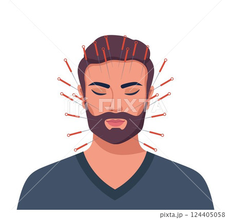 Acupuncture. Man with closed eyes and needles in her face. Alternative Oriental Medicine. Vector illustration. 124405058