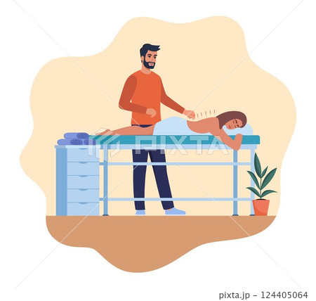 Woman Applying Acupuncture Therapy in Spa Salon. Therapist Inject Needles in Woman Back. Chinese needle alternative medicine and treatment. Vector Illustration. 124405064