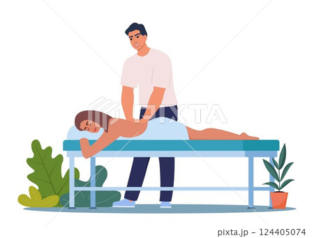 Man massage therapist standing near the massaging table. Client lying on front. Human back acupressure, physiotherapy. Male masseur physiotherapist. Vector illustration 124405074
