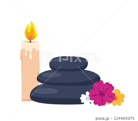 Stack of three black hot stones, spa salon accessory. Stack of round basalt stones for hot stone massage. Vector illustration. 124405075