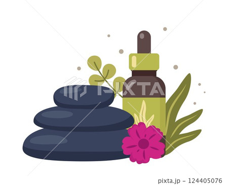 Stack of three black hot stones, spa salon accessory. Stack of round basalt stones for hot stone massage. Vector illustration. 124405076
