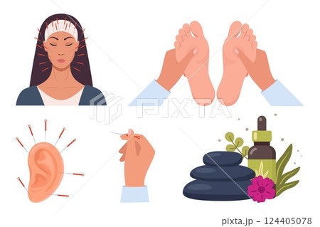 Alternative Medicine icons. Holistic center, naturopathic medicine, acupuncture, aromatherapy, massage, spa. Elements for web site, print design, business card. Vector illustration. 124405078