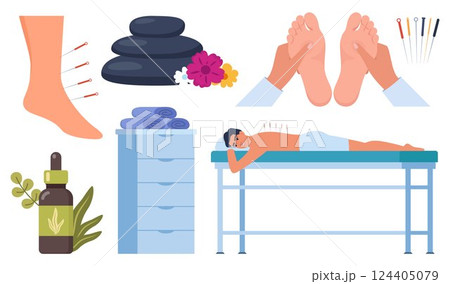 Alternative Medicine icons. Holistic center, naturopathic medicine, acupuncture, aromatherapy, massage, spa. Elements for web site, print design, business card. Vector illustration. 124405079