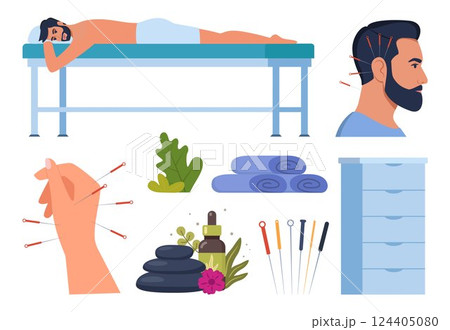 Alternative Medicine icons. Holistic center, naturopathic medicine, acupuncture, aromatherapy, massage, spa. Elements for web site, print design, business card. Vector illustration. 124405080