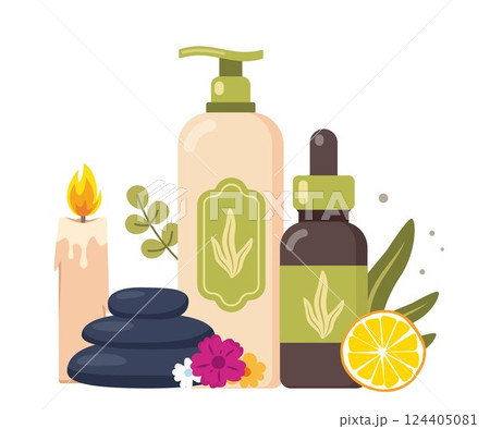 Stack of three black hot stones, spa salon accessory. Aromatherapy, massage, spa salon. Vector illustration. 124405081