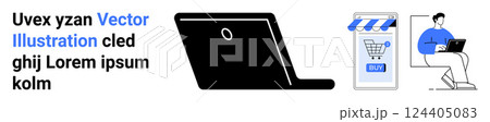 Laptop, smartphone with shopping cart symbol, and a person using a laptop suggest online shopping and digital connectivity. Ideal for e-commerce, technology, digital lifestyle, remote work 124405083