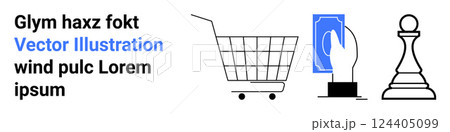 Featuring a hand holding money, a shopping cart, and a chess piece in a minimalistic style. Ideal for e-commerce, finance, strategy, decision making, and consumer behavior. Banner for landing page 124405099