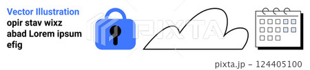 Blue lock symbol for security next to cloud and calendar icons in minimalist style. Ideal for tech, security, planning, cloud storage, data management. Banner for landing page 124405100