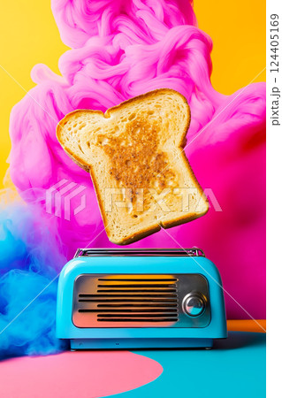 A slice of bread flying out of a toaster on a colorful background A slice of bread flying out of a toaster on a colorful background 124405169