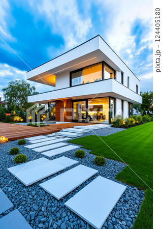 A modern house with a walkway leading to the front door A modern house with a walkway leading to the front door 124405180