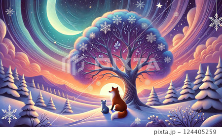 幻想的な三日月と渦巻く星空の下、雪原で寄り添い夕日を見つめるキツネとオオカミ 124405259