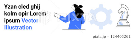 Woman pointing at text with chess knight and gear icons representing strategy and innovation. Ideal for digital strategy, innovation, planning, teamwork, leadership. Banner for landing page 124405261