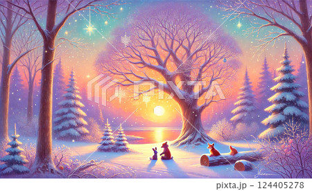 雪降る森で夕陽を見つめるウサギとキツネたちが織りなす静かで優しい冬のひととき 雪降る森で夕陽を見つめるウサギとキツネたちが織りなす静かで優しい冬のひととき 124405278