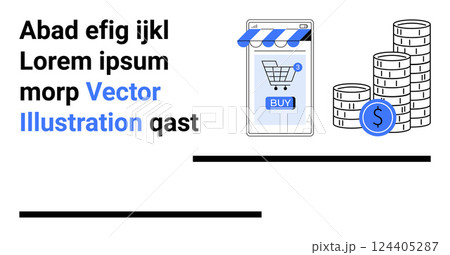 Smartphone displaying shopping cart with buy button and stacked coins. Ideal for e-commerce, digital marketing, online payment, financial technology, mobile apps. Banner for landing page 124405287