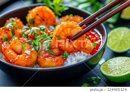 A bowl of shrimp with chopsticks in it with rice and lime 124405324