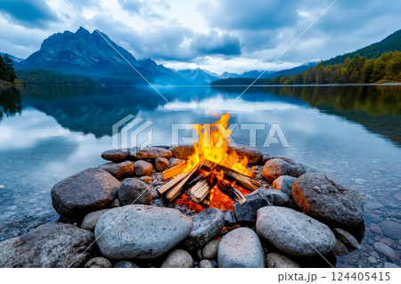 A campfire on the shore of a lake with mountains in the background 124405415
