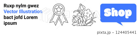 Text on the left, a star award badge, a bouquet of flowers, and a blue shop icon to the right. Ideal for e-commerce, retail, customer service, floral shops, and awards. Banner for landing page Text on the left, a star award badge, a bouquet of flowers, and a blue shop icon to the right. Ideal for e-commerce, retail, customer service, floral shops, and awards. Banner for landing page 124405441