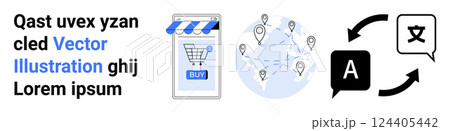 E-commerce, global connectivity, and translation icons. Ideal for online shopping, international trade, digital marketing, language services, and technology integration. Banner for landing page 124405442