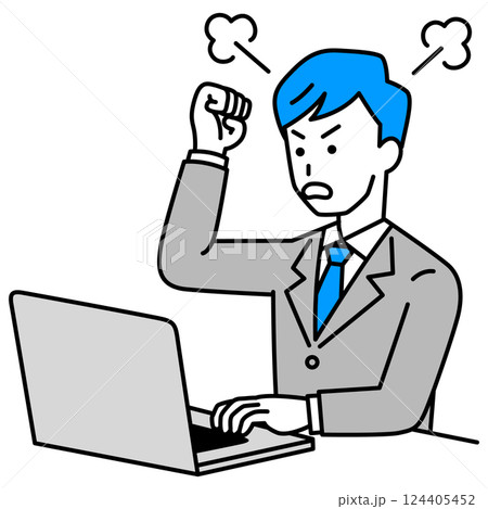 ノートパソコンの画面を見て怒っているスーツの男性 ノートパソコンの画面を見て怒っているスーツの男性 124405452