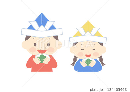 柏餅を食べる兜を被った男の子と女の子 柏餅を食べる兜を被った男の子と女の子 124405468
