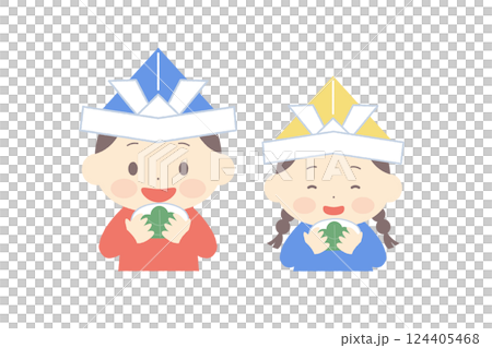 Boy and girl wearing helmets eating kashiwamochi 124405468
