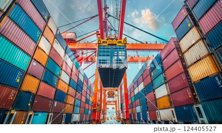 Logistics, container Cargo ship transportation with working crane bridge in deep sea port for import export. Logistics, container Cargo ship transportation with working crane bridge in deep sea port for import export. 124405527