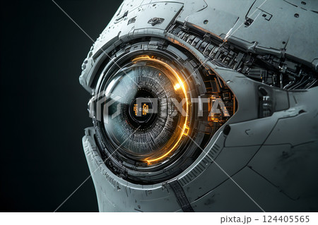 Futuristic cybernetic eye close-up with intricate mechanical details and orange glow 124405565