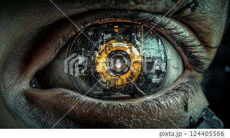 Detailed cybernetic eye close-up with futuristic mechanical inner components 124405566