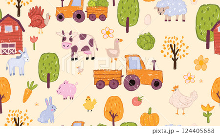 Kids farm seamless pattern, hand drawn animal color pencil wallpaper, vector village naive print. Kids farm seamless pattern, hand drawn animal color pencil wallpaper, vector village naive print. 124405688
