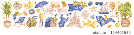 Italian summer sticker set, Sicilian vacation watercolor illustration, Amalfi lemon pint vector kit. 124405689