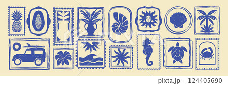 Summer tropical print set, vector hand drawn exotic surf vintage sticker, ocean Hawaii travel stamp. 124405690
