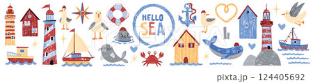 Ship kids doodle illustration set, vector sea nursery poster print, hand drawn scribble texture kit. 124405692