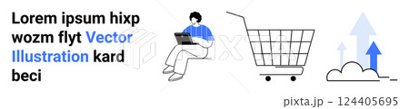 Young person using laptop symbolizes modern tech. Shopping cart signifies e-commerce. Cloud with arrows denotes cloud computing growth. Ideal for tech, e-commerce, cloud, innovation, and business 124405695