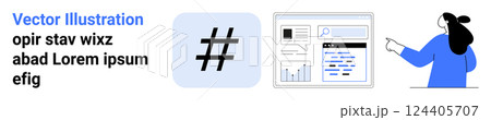 metadata tag symbol, webpage layout with graphs, person analyzing. Ideal for social media, digital marketing, data analysis, SEO, web design. Banner for landing page metadata tag symbol, webpage layout with graphs, person analyzing. Ideal for social media, digital marketing, data analysis, SEO, web design. Banner for landing page 124405707
