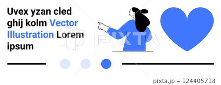 A person points towards a large blue heart, accompanied by text and simple geometric shapes in blue, black, and white. Ideal for themes of love, minimalism, communication, creativity, and design A person points towards a large blue heart, accompanied by text and simple geometric shapes in blue, black, and white. Ideal for themes of love, minimalism, communication, creativity, and design 124405718