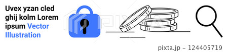 A lock, stack of coins, and magnifying glass convey security and financial analysis. Ideal for themes like security, finance, investment, analysis, and privacy. Banner for landing page A lock, stack of coins, and magnifying glass convey security and financial analysis. Ideal for themes like security, finance, investment, analysis, and privacy. Banner for landing page 124405719