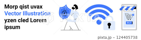 A person holding a shield symbolizes online security. There is a wireless symbol, a lock, and a shopping cart icon. Ideal for digital security, e-commerce, cyber safety, data protection, tech 124405738