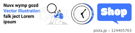 Man with magnifying glass, clock icon, and shop text. Ideal for shopping, e-commerce, time management, online business, and search optimization. Banner for landing page 124405763